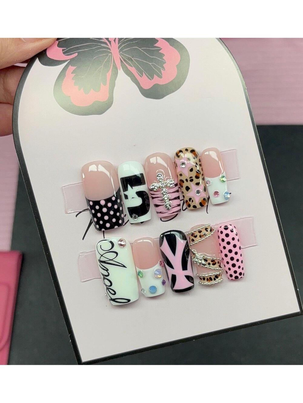 Medium square press on nails animal print polka dots stars rhinestones black gel